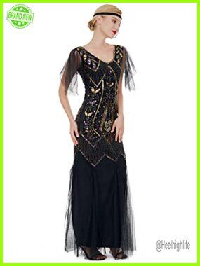 1920s Art Deco Sequin Maxi Dress V-Neck Flutter Sleeve Evening Gown